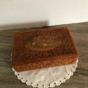 Vtg Hand Carved Wooden Box with Brass Inlay